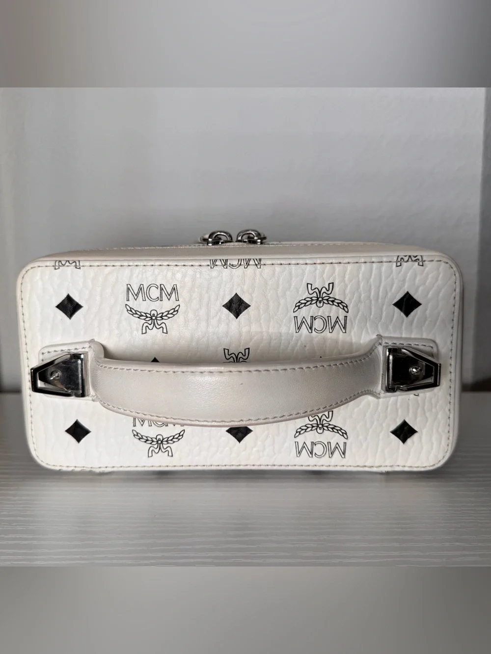 MCM White Logo Print Vanity Case with Silver Hardware